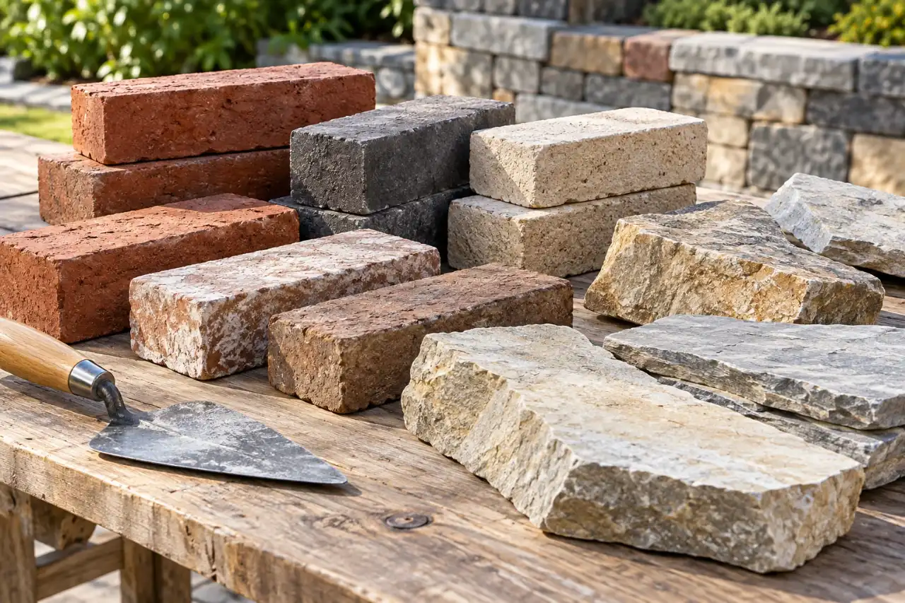 Brick and natural stone samples on a wooden table