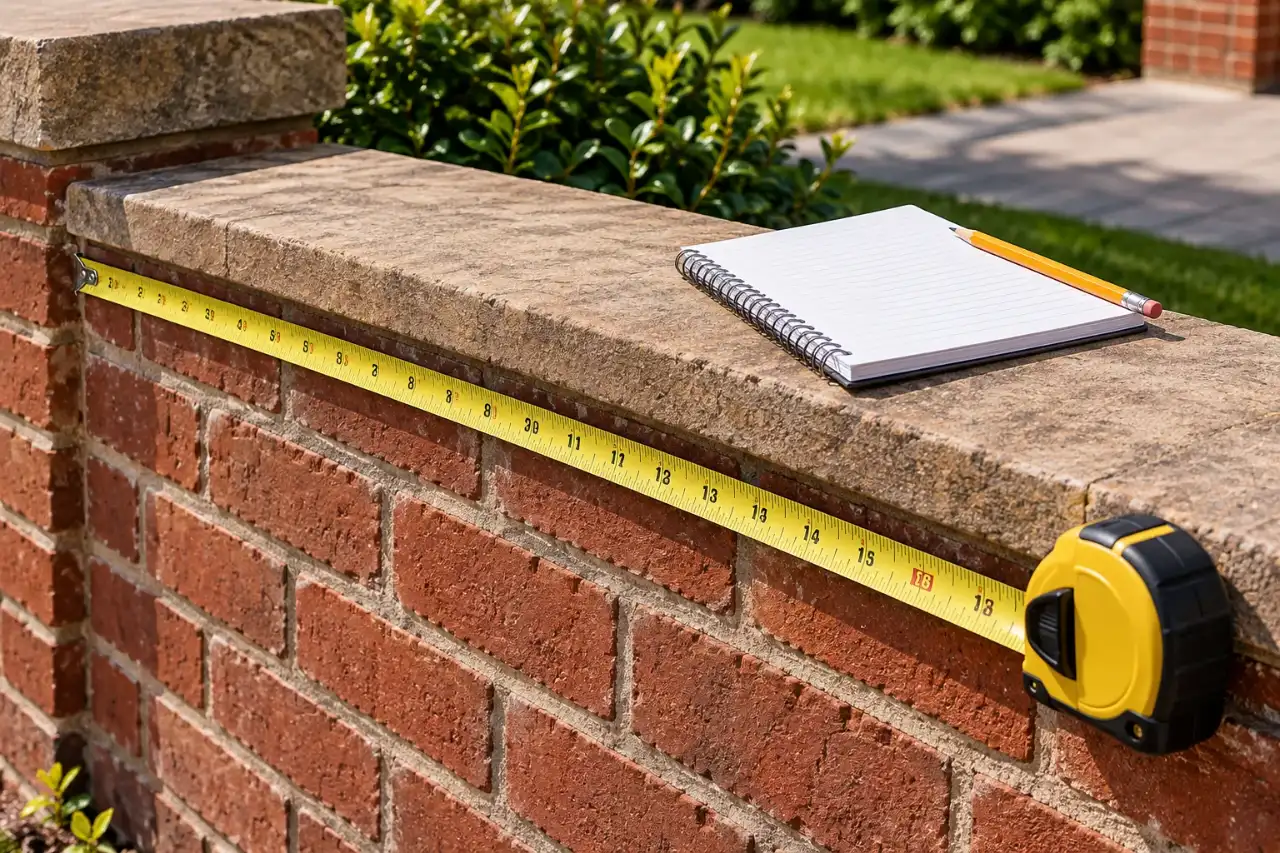 Tape measure extended along a brick wall beside a notepad