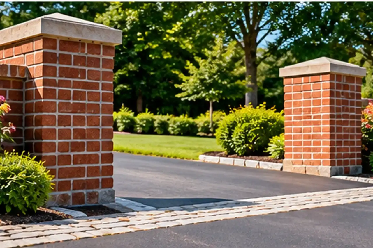 Brick pillars at a landscaped driveway entrance