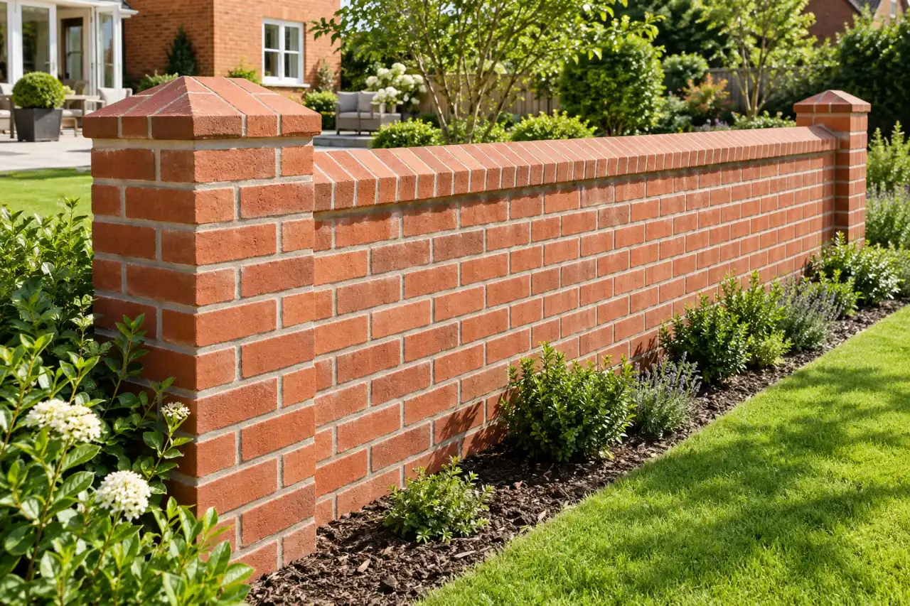New brick garden wall with a sloped cap and clean joints