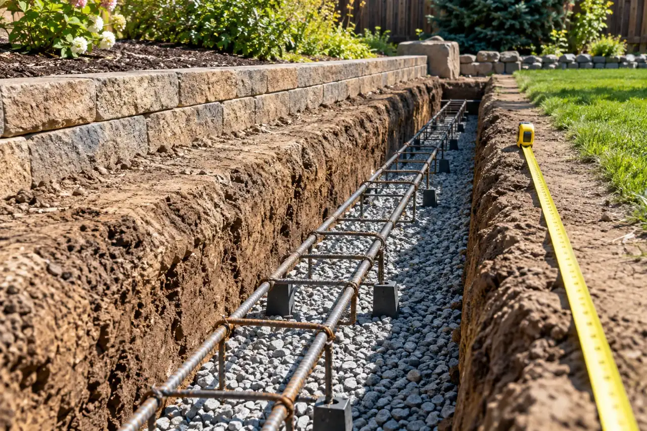 Concrete footing trench with rebar prepared for a garden wall