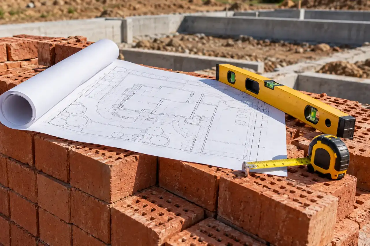 Rolled site plan resting on new bricks with a level and tape measure