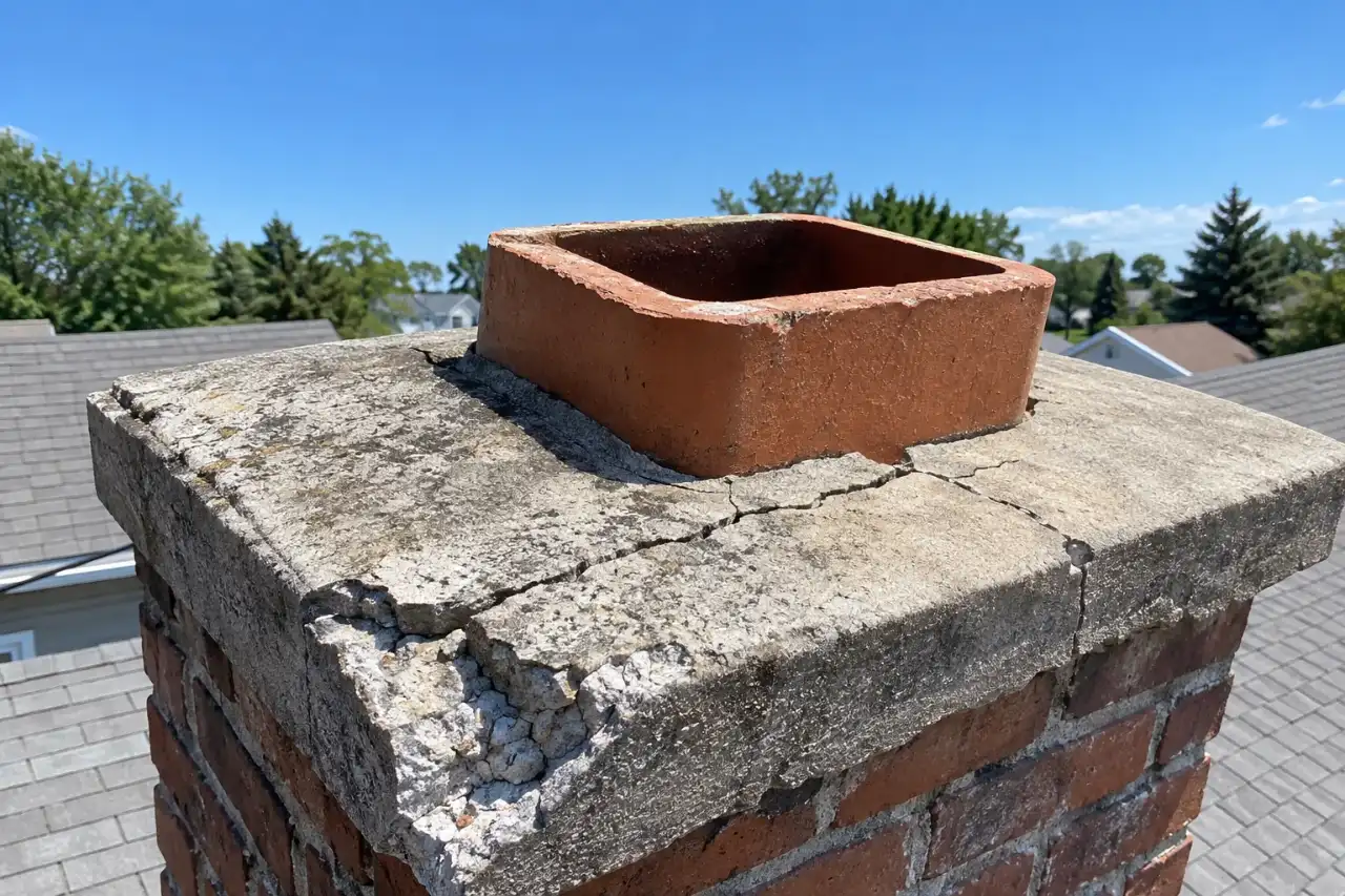 Cracked concrete chimney crown around a clay flue tile