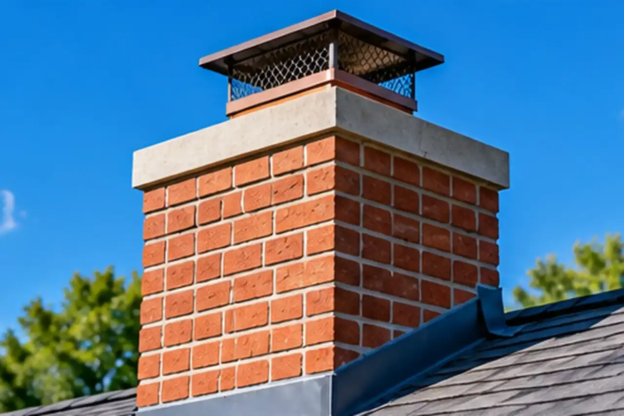 Brick chimney with a new sloped crown and metal rain cap