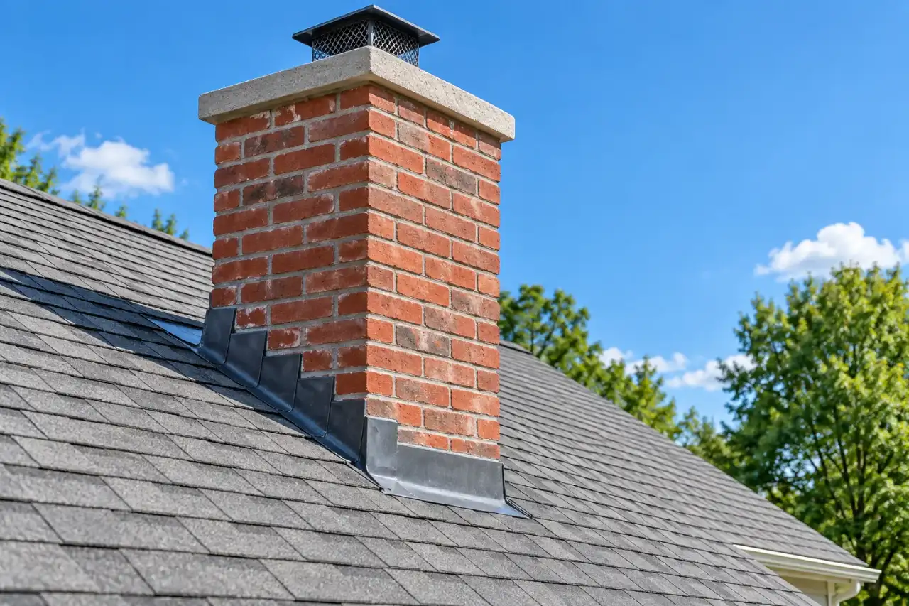 Brick chimney above a roofline showing the crown and step flashing