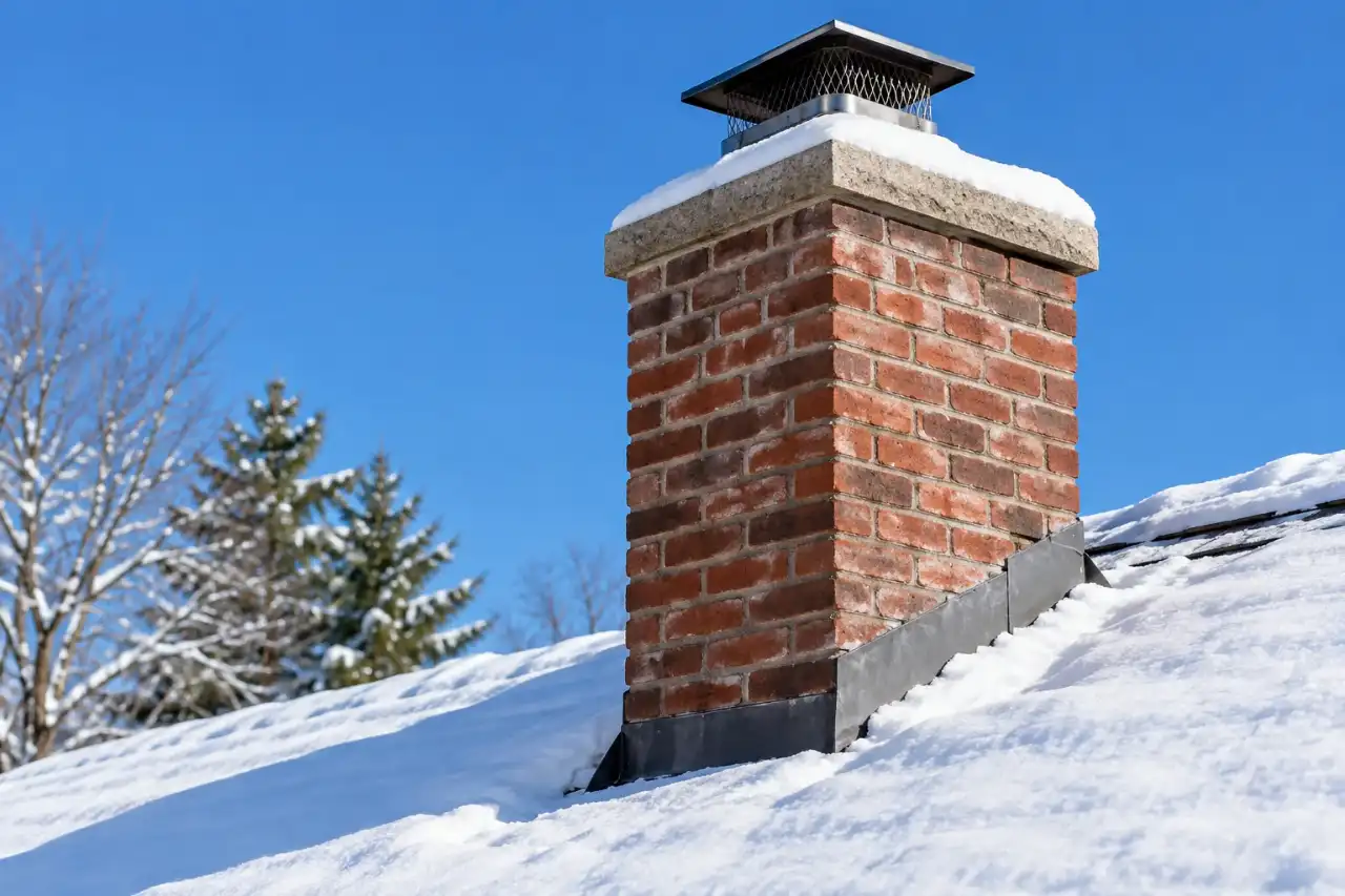 Brick chimney with snow on the roof and crown