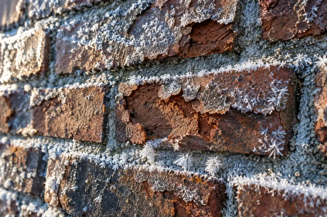 Frost crystals on spalled brick faces in winter sun