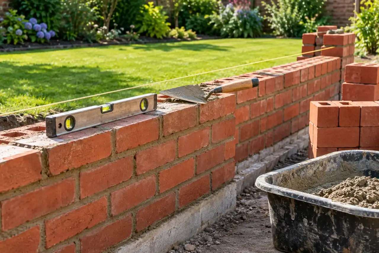 Partly built brick garden wall with a string line, level and trowel