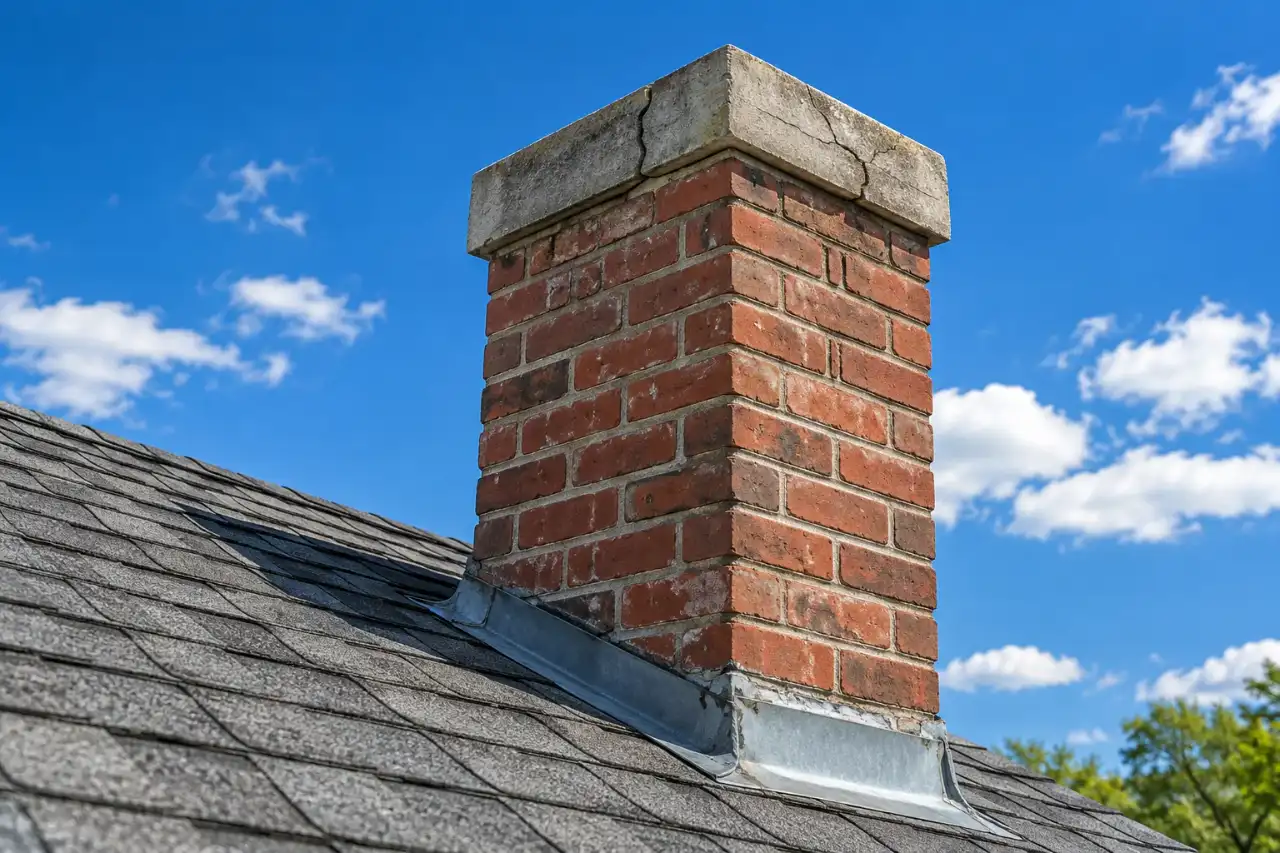 Brick chimney above a shingle roof with a cracked concrete crown