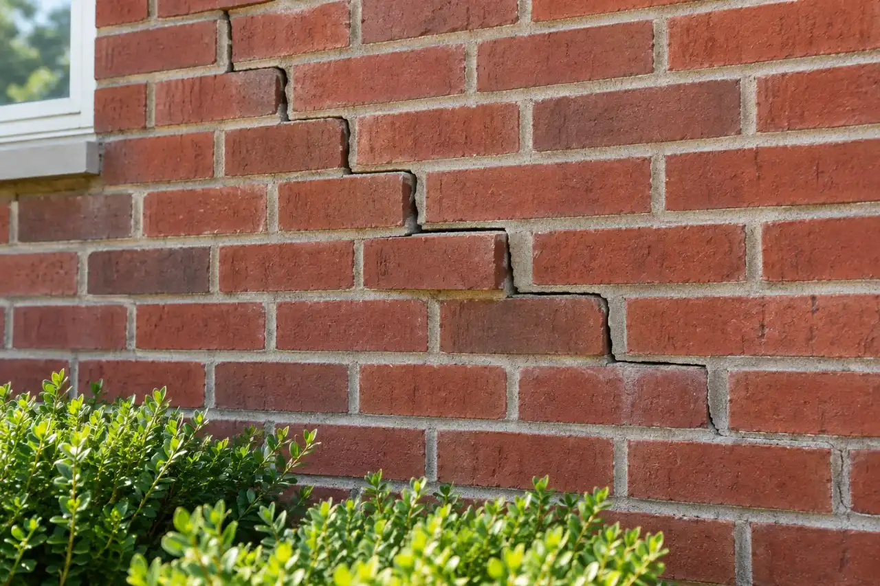 Stair step crack running along the mortar joints of a brick wall
