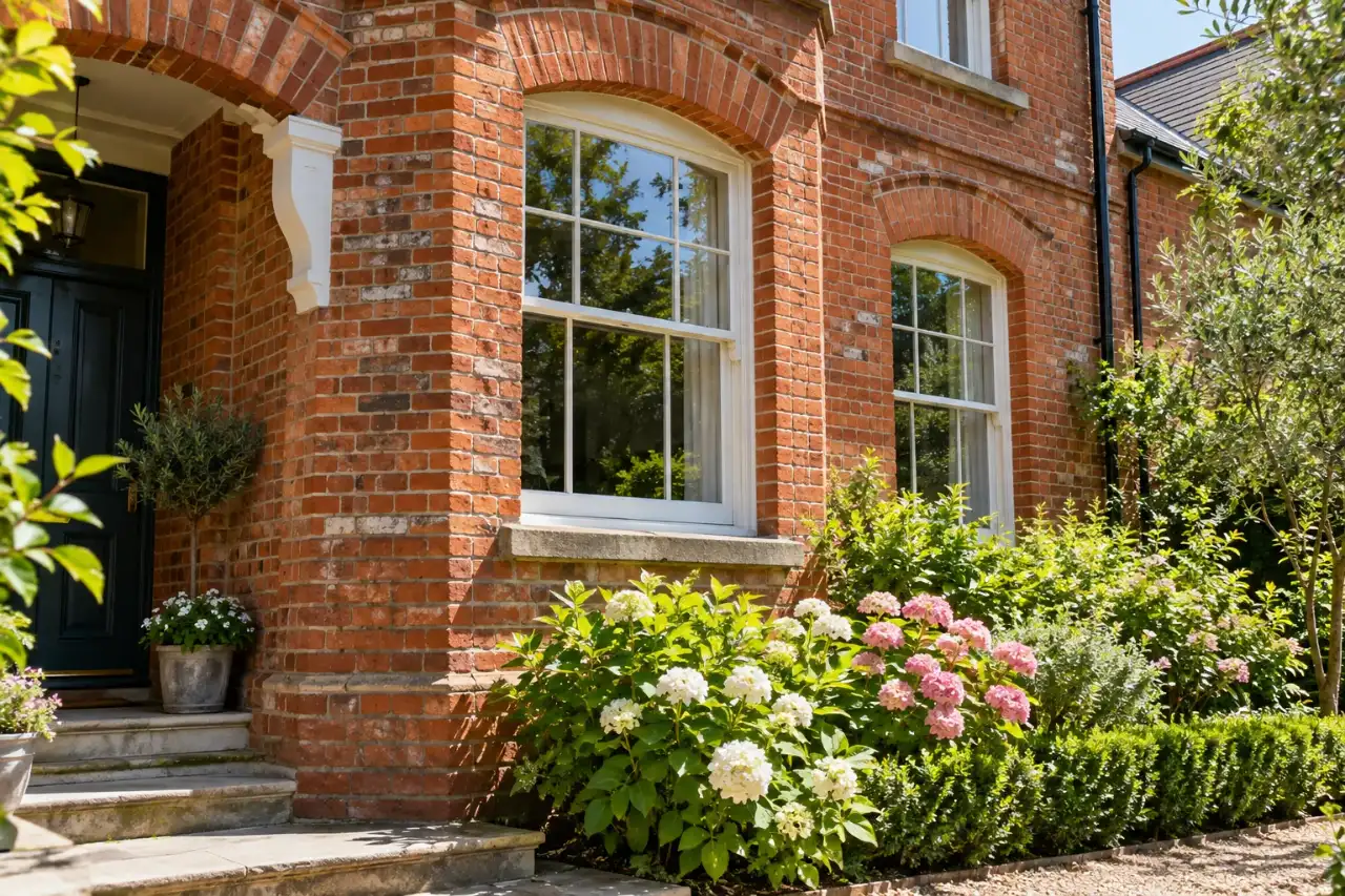 Older red brick facade with arched window heads