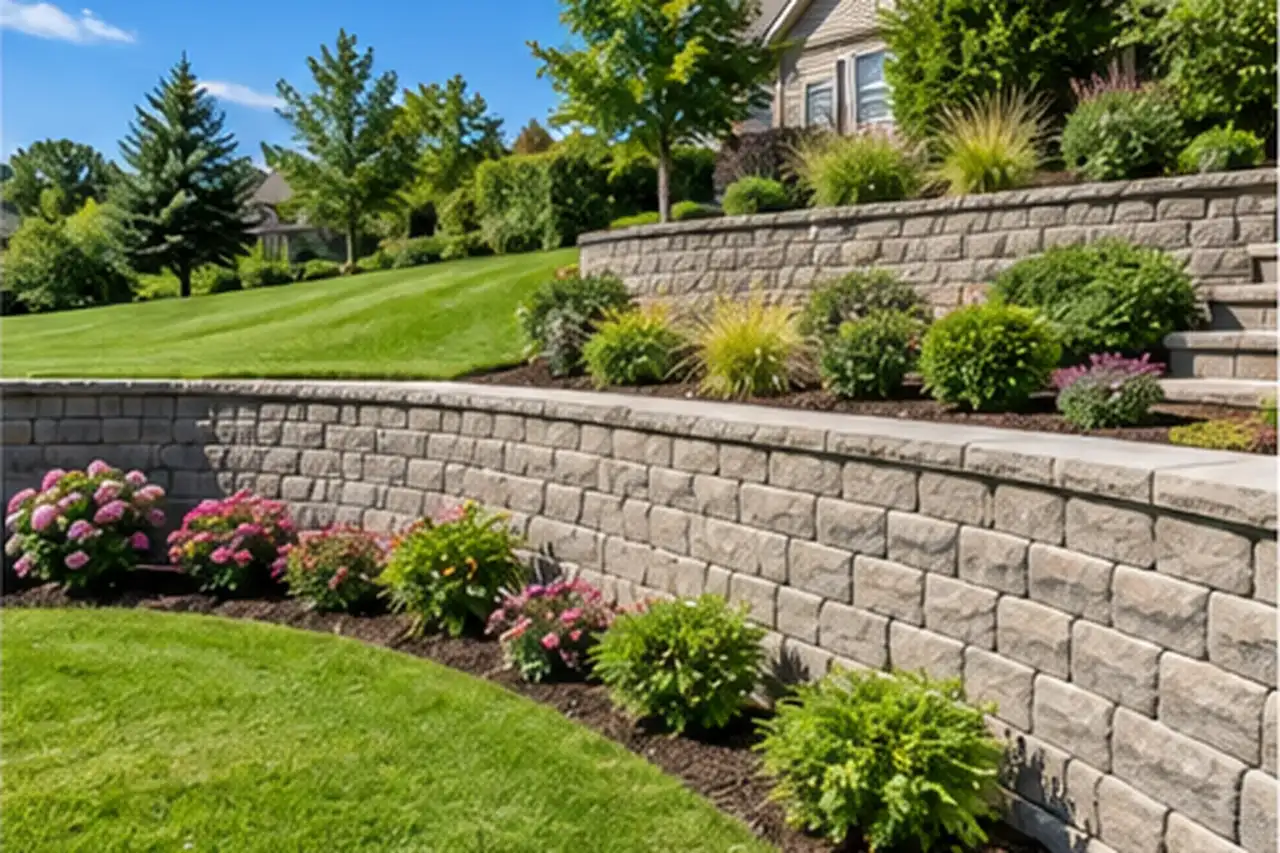 Segmental block retaining wall terracing a sloped backyard