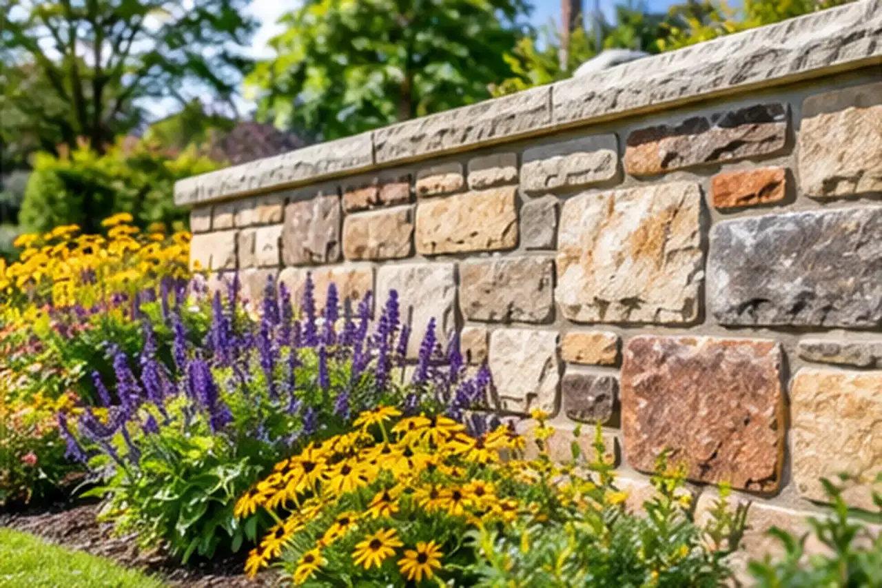 Mortared natural stone garden wall with a flat stone cap