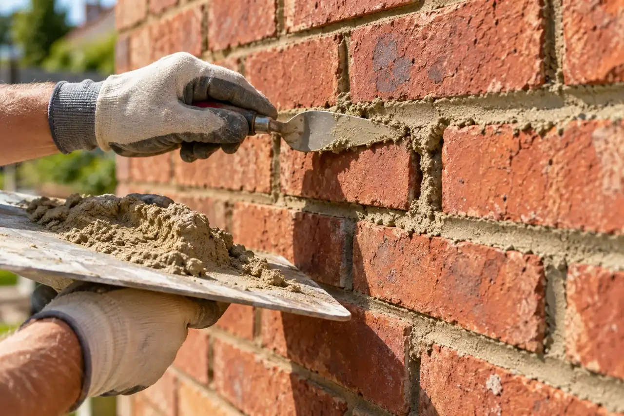 Gloved hands pressing fresh mortar into brick joints with a pointing trowel