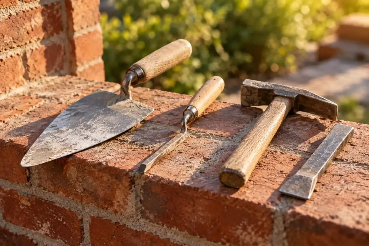 Masonry hand tools laid out on a brick ledge