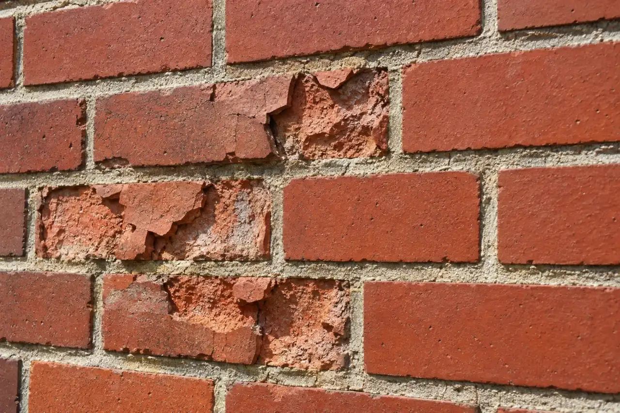 Spalled brick with flaking faces next to sound brick