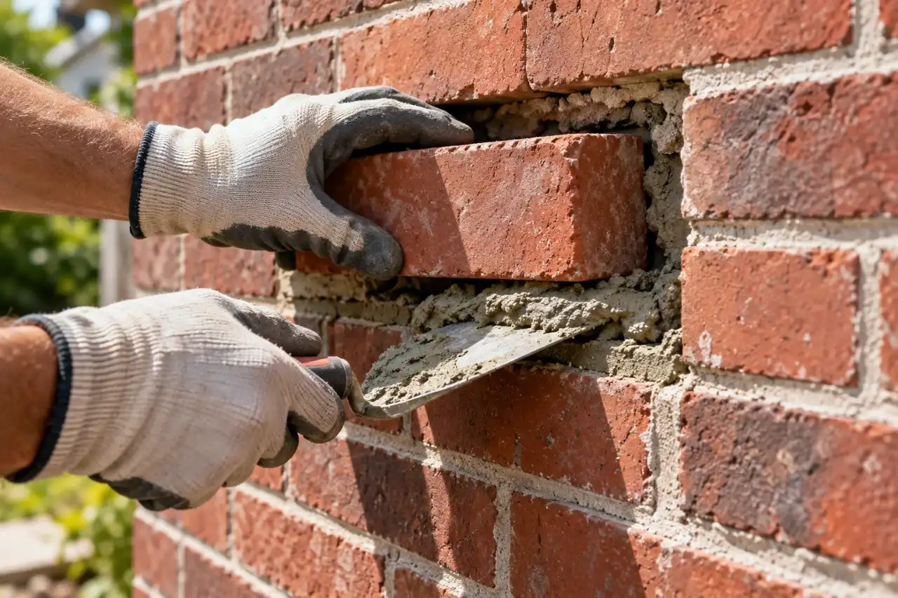 Gloved hands setting a replacement brick into a wall