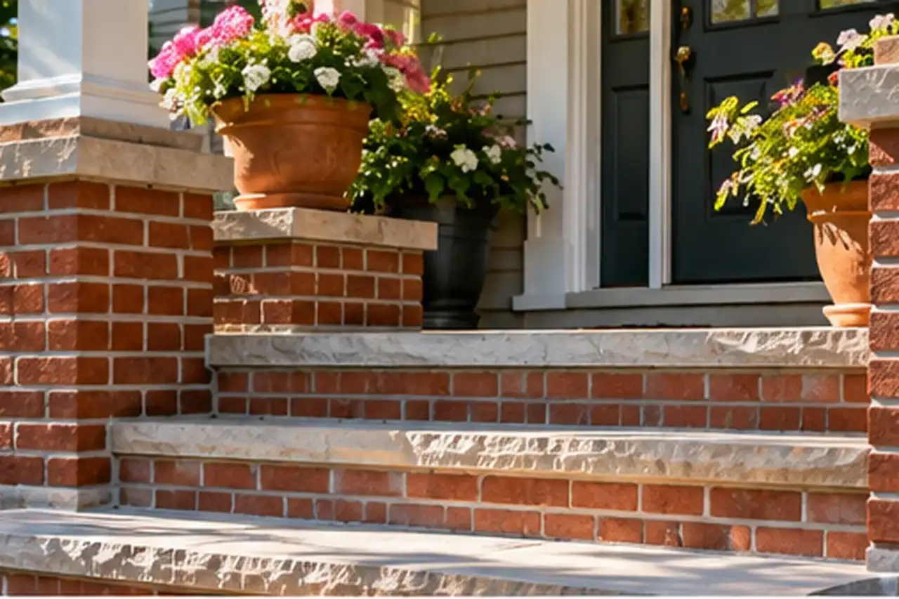 Restored older brick porch steps and columns with flowers