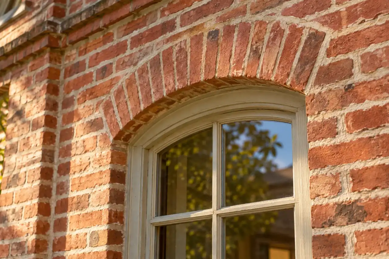Older soft red brick wall with lime mortar and an arched window head