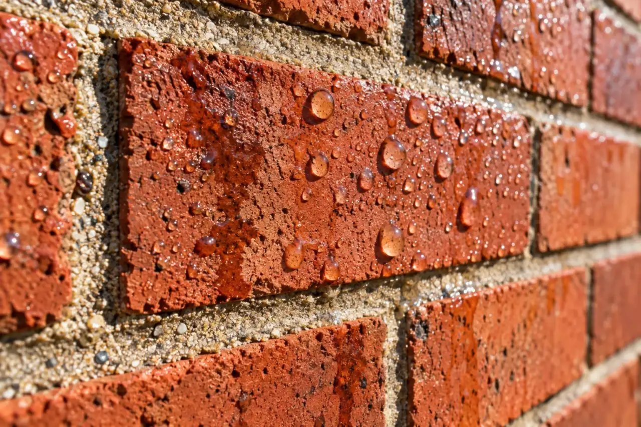 Water droplets on the surface of a brick wall
