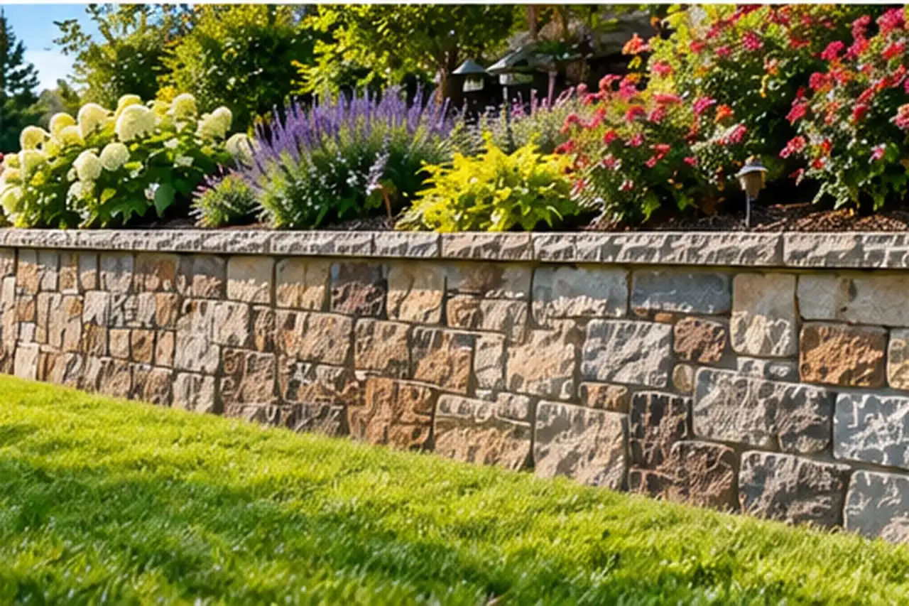 Finished natural stone retaining wall with a planted terrace