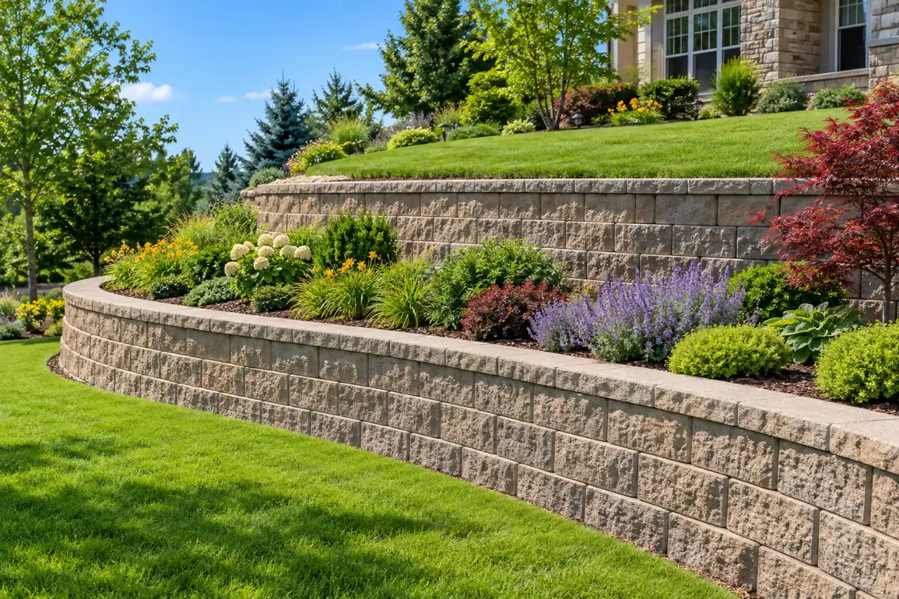 Tiered segmental block retaining wall on a sloped yard