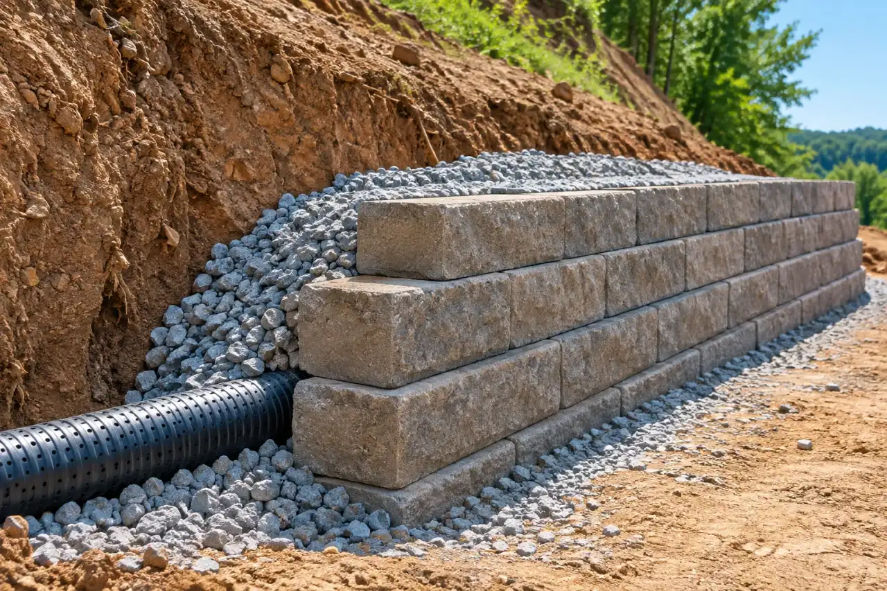 Retaining wall under construction with gravel backfill and drain pipe