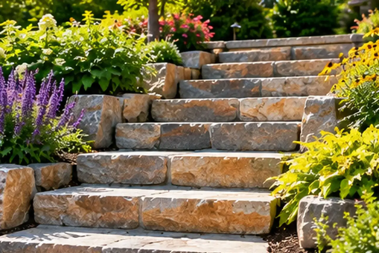 Natural stone steps leading through a garden