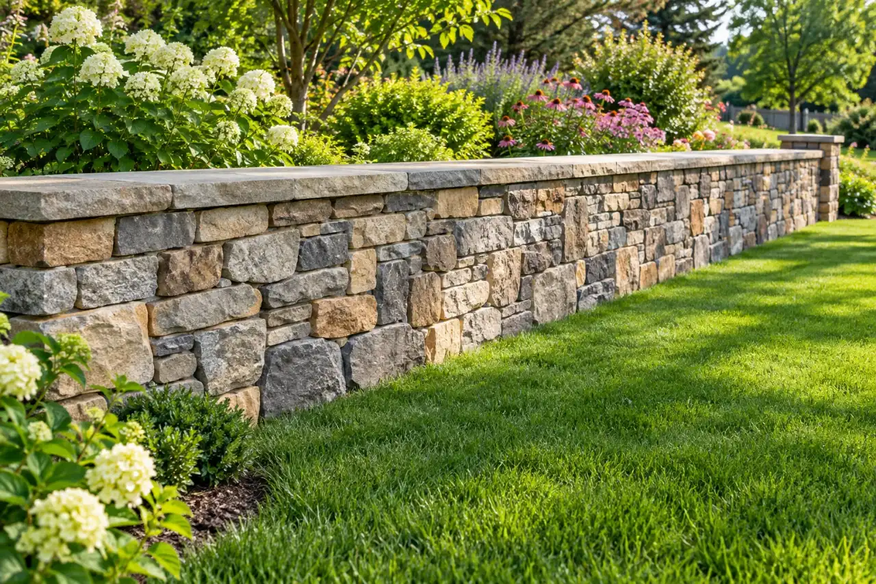 Natural stone wall with a flat cap in a landscaped yard