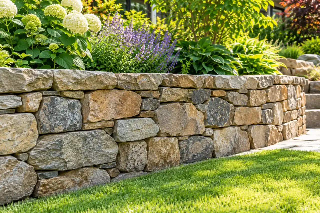 Dry stacked natural stone wall with tightly fitted stones
