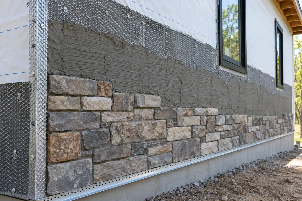 Wall under construction showing barrier, lath and stone veneer layers
