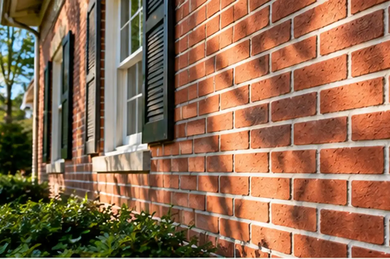 Freshly repointed red brick wall in sunlight