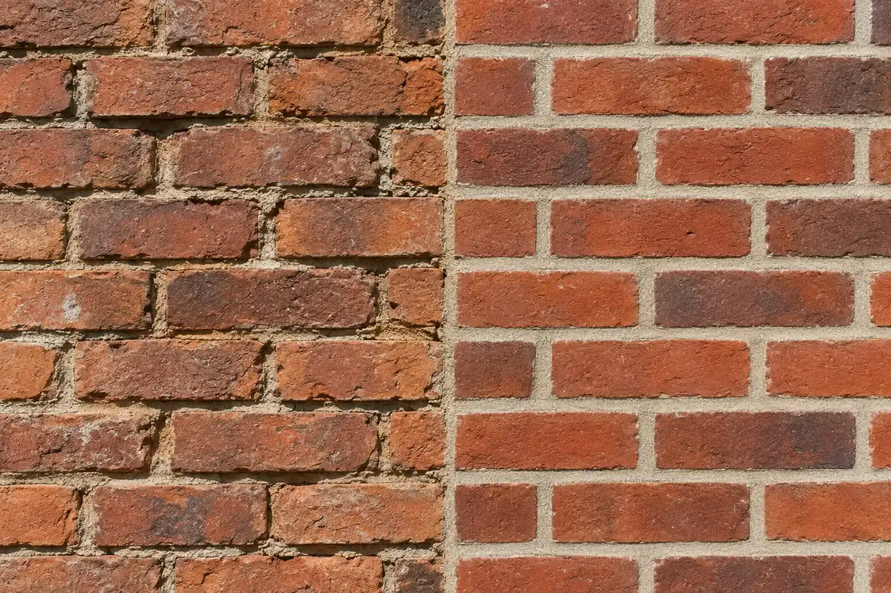 Brick wall with worn mortar joints on one side and fresh joints on the other