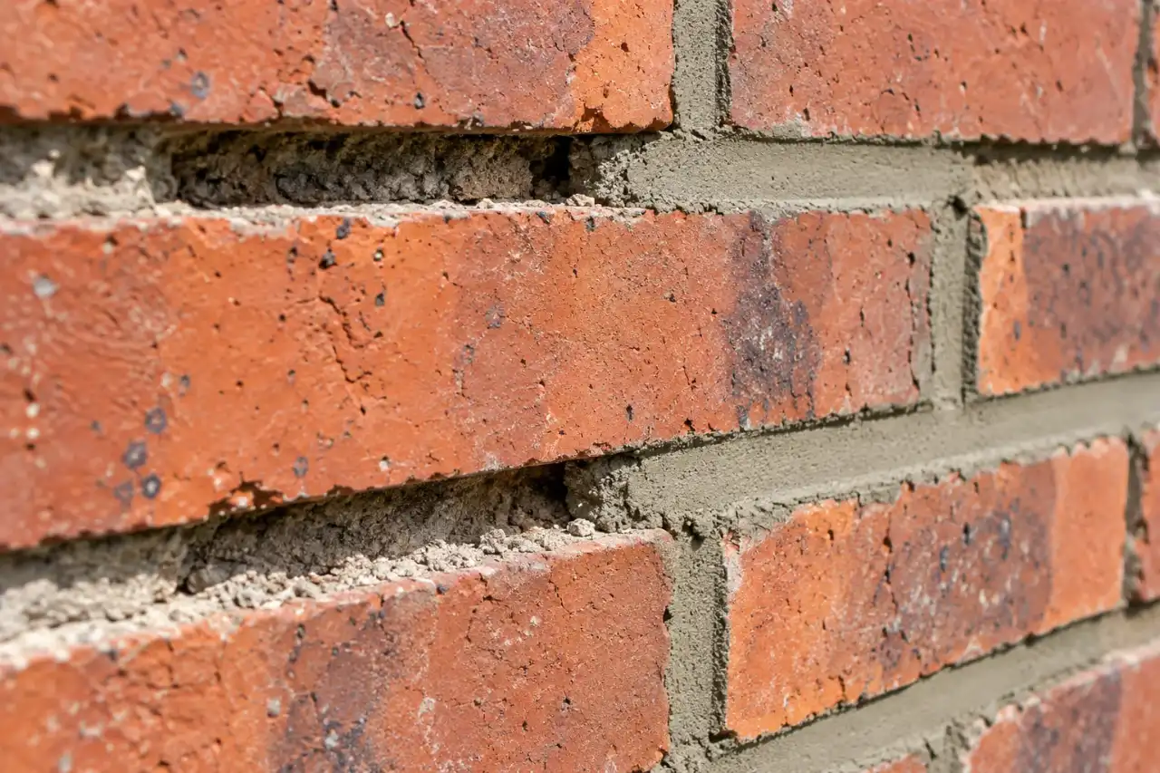 Raked out mortar joints next to freshly filled joints